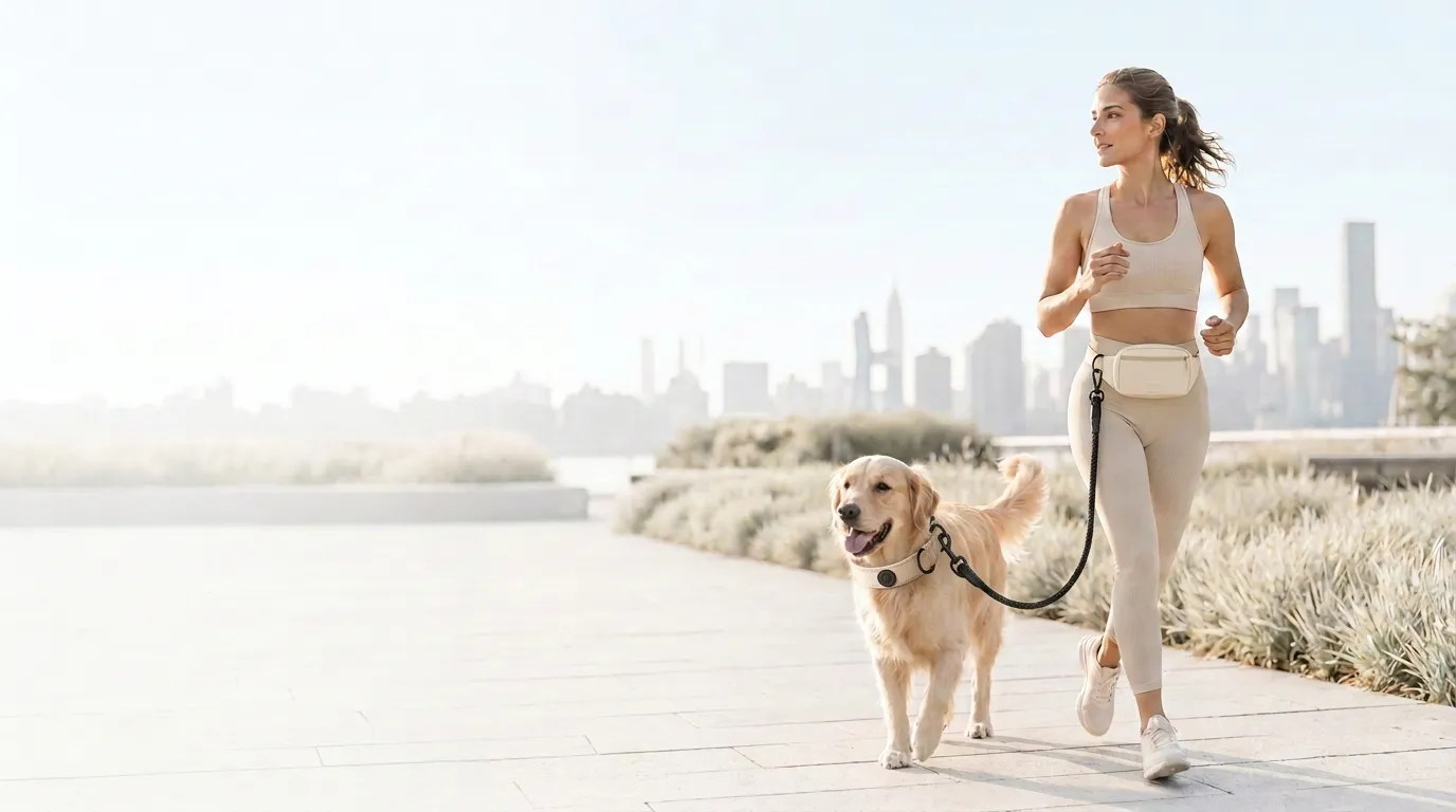 A woman runs with her golden retriever wearing the ROVE Smart Collar and The Carry